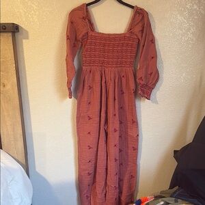 Free People Dahlia Embroidered Jumpsuit Warmstone Floral Smocked SZ XS